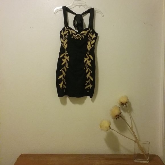 Free People Black Gold Leaf Motif Embroidered Dress